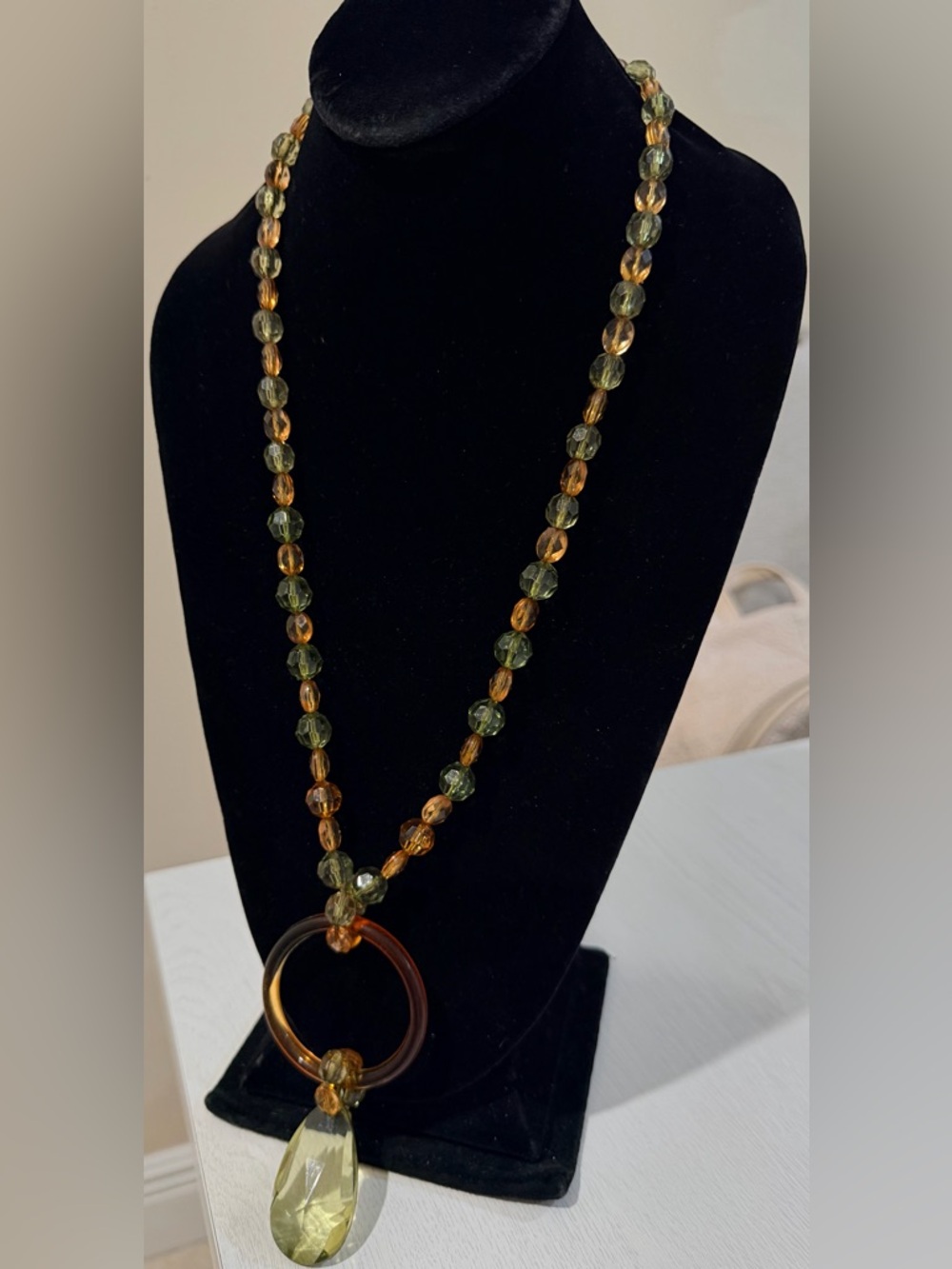 Green and Amber Beaded Pendant Necklace - Women Jewelry - Picture 2 of 4